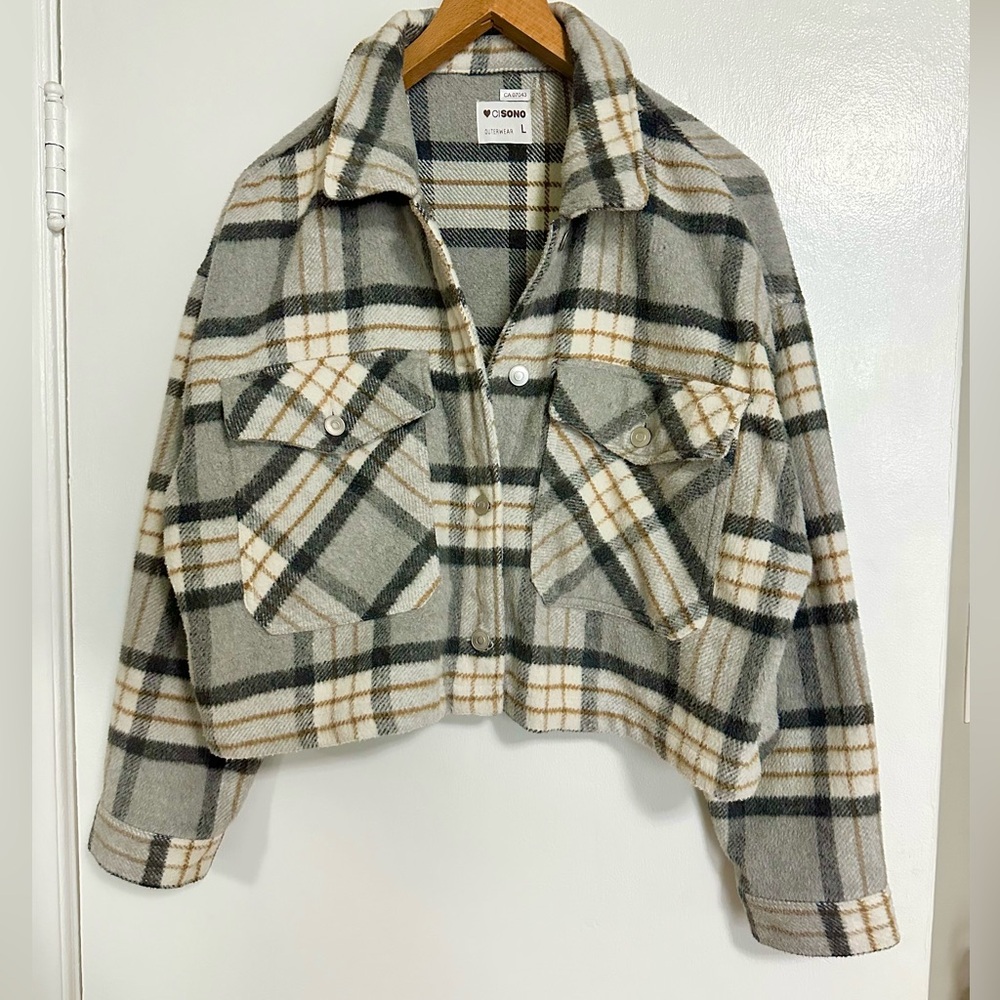 Ci Sono Plaid Utility Jacket in Gray and Cream